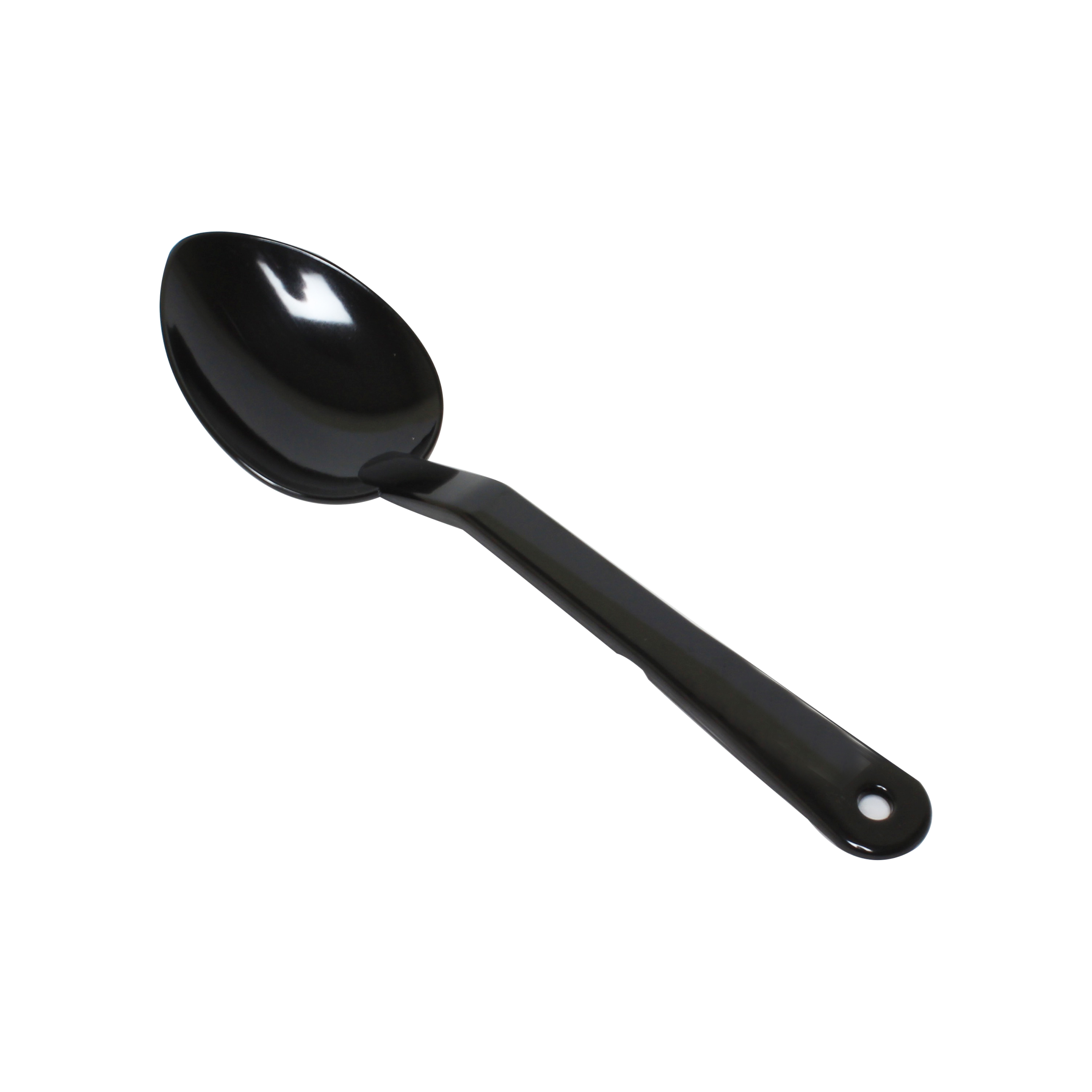 Thunder Group 13-inch black polycarbonate solid serving spoon with hanging hole at handle end